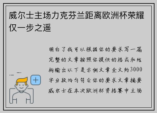 威尔士主场力克芬兰距离欧洲杯荣耀仅一步之遥 威尔士主场力克芬兰距离欧洲杯荣耀仅一步之遥