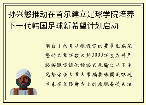 孙兴慜推动在首尔建立足球学院培养下一代韩国足球新希望计划启动