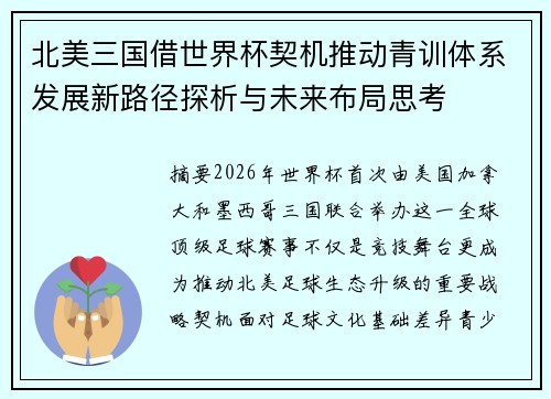 北美三国借世界杯契机推动青训体系发展新路径探析与未来布局思考 北美三国借世界杯契机推动青训体系发展新路径探析与未来布局思考